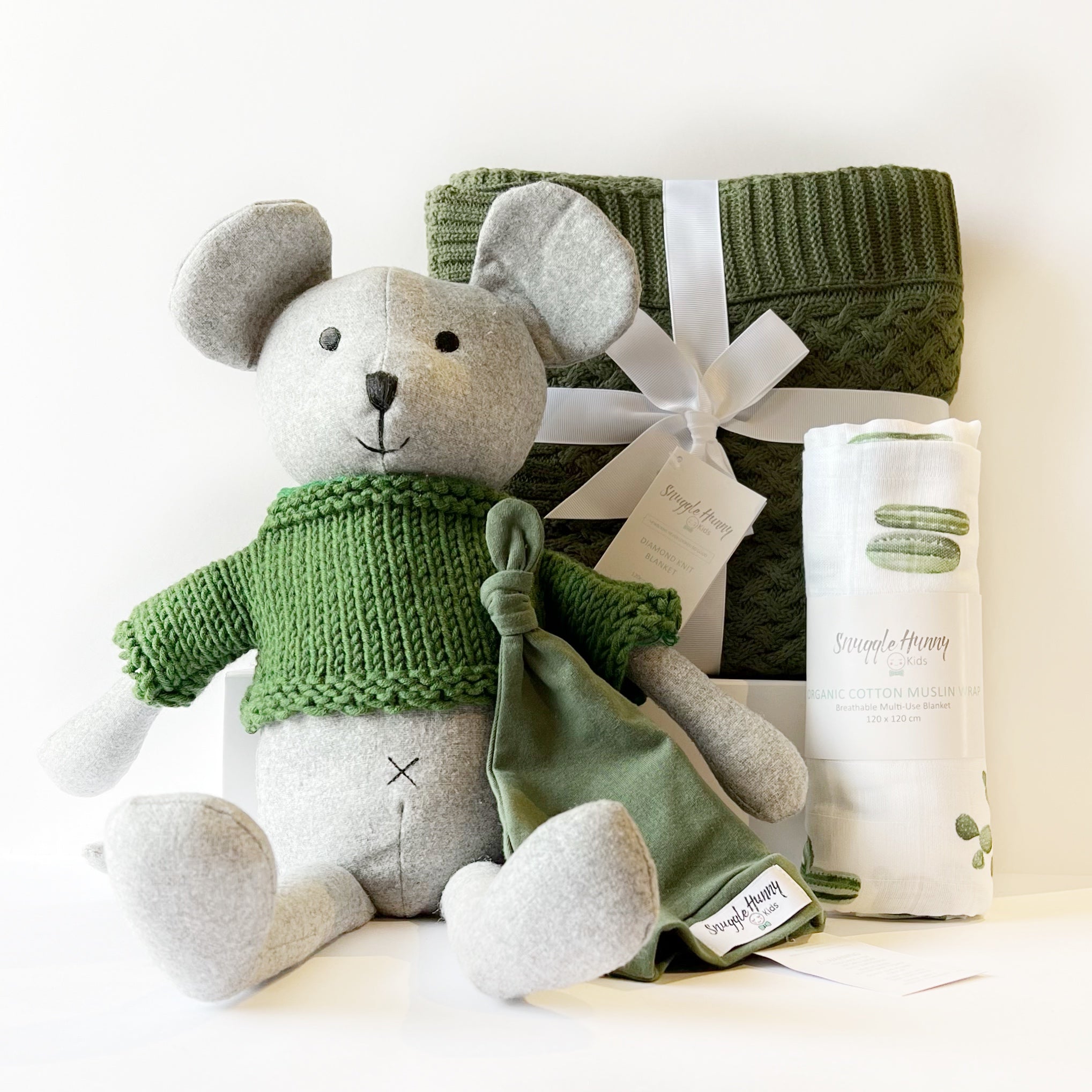 Baby gift hamper with mouse teddy, wrap, green blanket and beanie