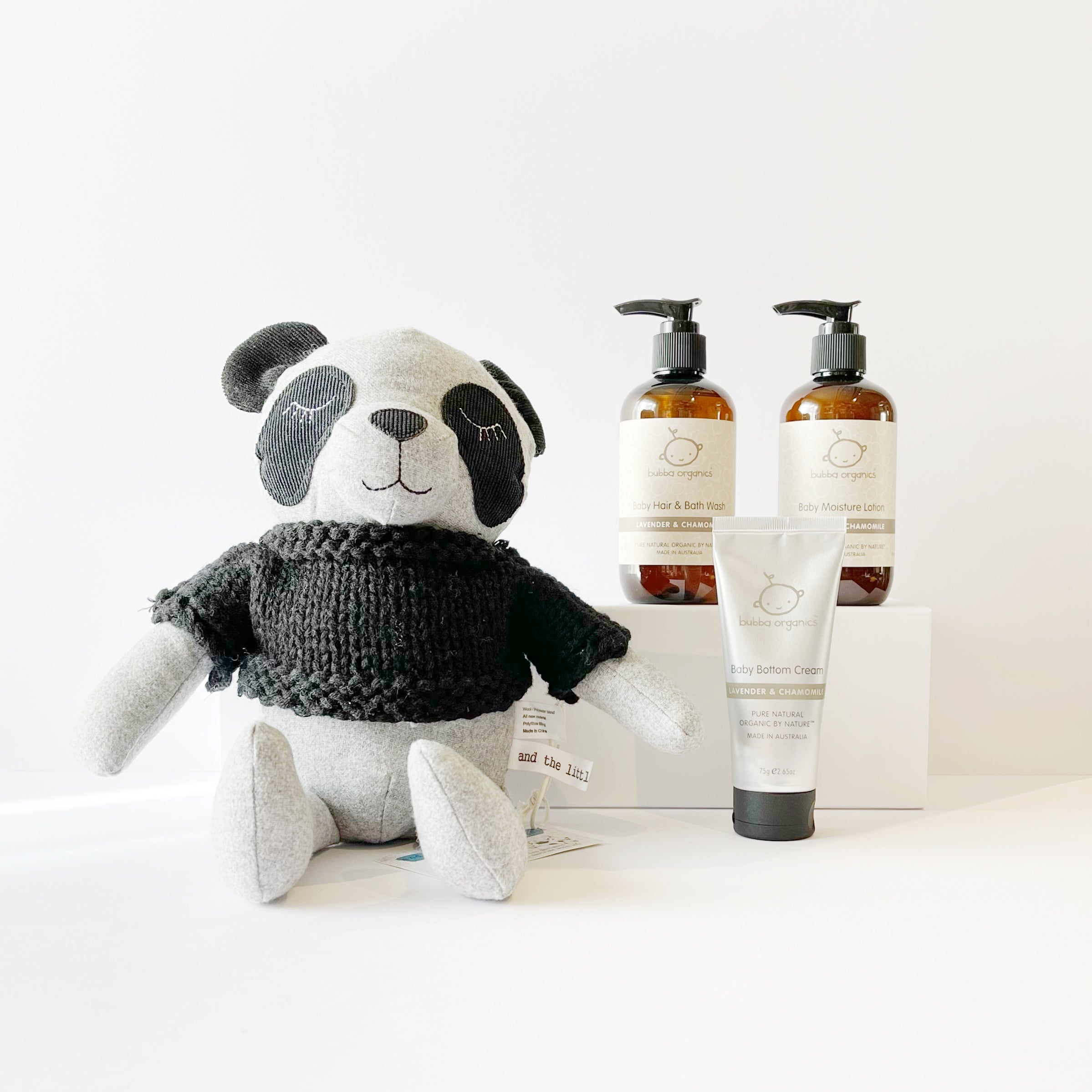 baby gift hamper including panda toy, baby body wash, moisturiser and baby bottom cream